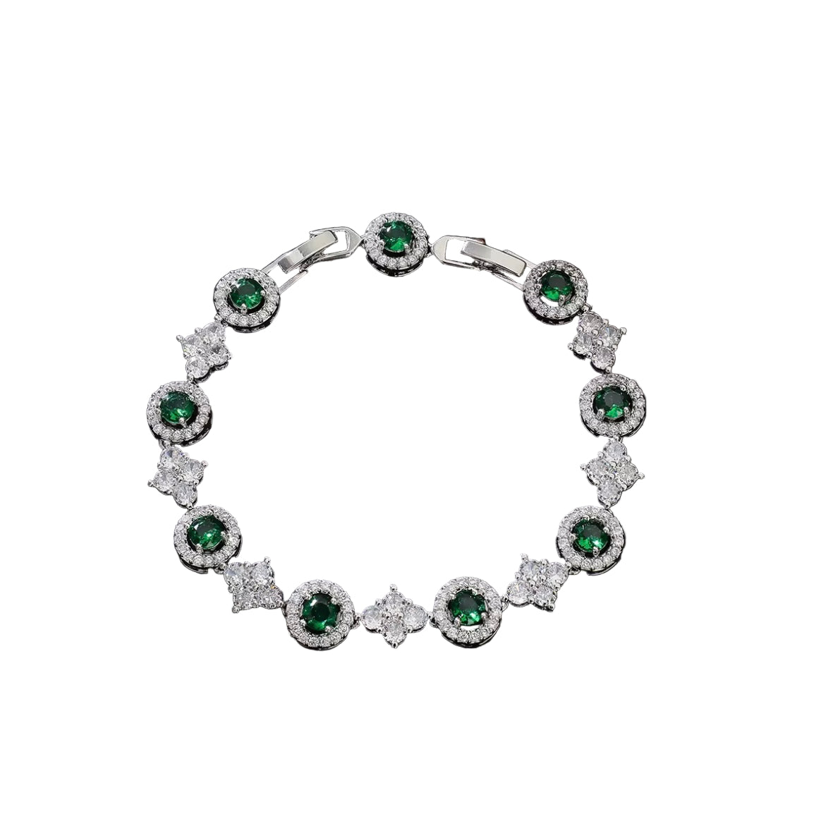 Silver bracelet with green gemstones on a white background 
